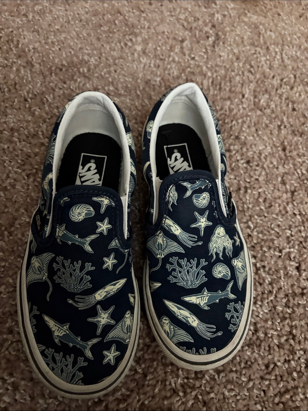 Kids Vans Slip-On Sea Life Print in Navy and Cream Sea life